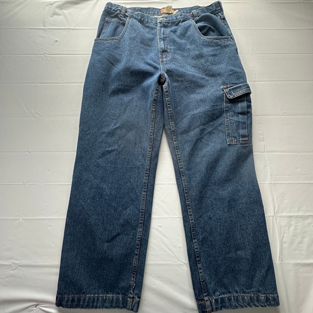 Haband Tailgater Mens Blue Denim Cargo Jeans Size 36S Medium Wash Straight Leg